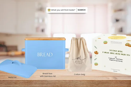 Vista 2 de Meraki Home Panera con dos tapas Tapa de metal y tapa de tabla de cortar de bambú Bolsa de pan de algodón Almacenamiento de pan de granja