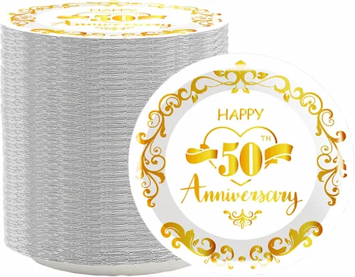 80 platos de papel para aniversario del 50 aniversario, suministros de fiesta de boda dorados, platos de postre de 7 pulgadas, para decoración de