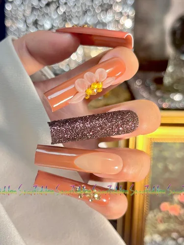 Vista 5 de HAND-PAINTED Brown Square Press on Nails - Short French Tips & Coffin Fake Nails Kit Handmade Medium Press on Nails with Glue for Girls, Handmade