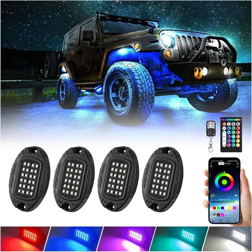 4 cápsulas de luces LED de aleación para ATV UTV Carro de golf Camión RZR SXS, kit de luz bajo multicolor RGB impermeable para autos con control de