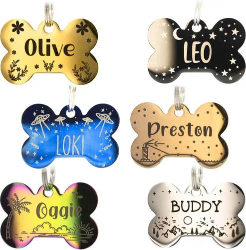 Vista 16 de Placa de identificación personalizada para perro con 5 líneas con grabado personalizado y profundo de acero inoxidable duradero, tamaño pequeño
