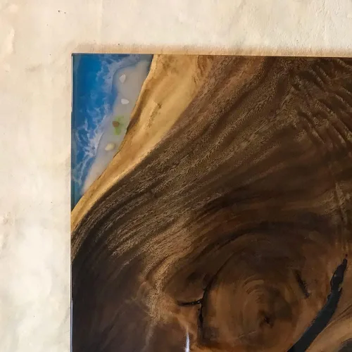 Vista 178 de Mesa de epoxi transparente, mesa de sofá con forma cuadrada, mesa auxiliar de resina de madera, mesa de centro de madera con borde natural para sala