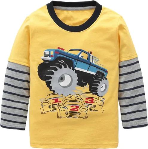 Camisetas de algodón de manga larga para niños, camisa de dibujos animados, cuello redondo, excavadora, paquete de 2