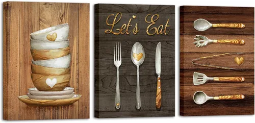iHAPPYWALL 3 piezas de lienzo de arte de pared vintage para cocina, cuadros con texto en inglés "Let's Eat", póster para el hogar, comedor