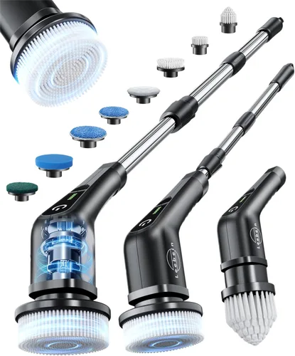 Leebein Limpiador eléctrico giratorio, cepillo de limpieza inalámbrico con 8 cabezales de cepillo reemplazables, limpiador eléctrico para bañera y