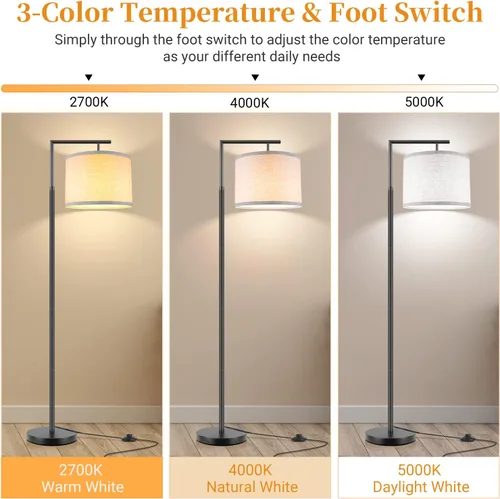 Vista 2 de ROTTOGOON Lámpara de pie para sala de estar con bombilla LED de 9 W de temperatura de 3 colores, lámpara de pie moderna con pantalla beige de lino e
