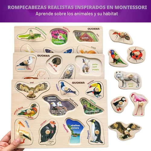 Vista 6 de QUOKKA Rompecabezas de madera para niños pequeños de 1 a 3 – 4 juegos de rompecabezas con clavijas para niños de 2 a 4 años – Juguete de aprendizaje
