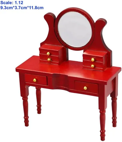 Vista 2 de AirAds casa de muñecas a escala 1:12, muebles en miniatura, taburete rojo con espejo de tocador, juego de 2