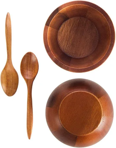 Vista 4 de Juego de 4 pequeños tazones redondos de madera de acacia de 10 cm de diámetro con cucharas - Juego de tazón apilable para mezclar ensalada, sopa