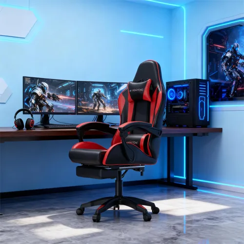 Vista 7 de Mr IRONSTONE Silla para videojuegos, silla de computadora con soporte lumbar de masaje y reposapiés ajustable en altura, silla de juego con asiento