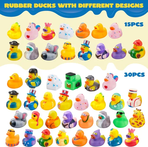 Vista 2 de JOYIN 15 patos de goma, patos surtidos aleatorios a granel con bolsa de transporte de malla, mini patitos de goma para juguetes de baño de bebés