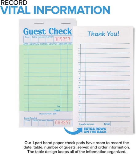 Vista 3 de Stock Your Home Libros verdes de cheques de invitados para servidores (paquete de 20) bloc de notas de servidor, cuaderno de cheques de camarero