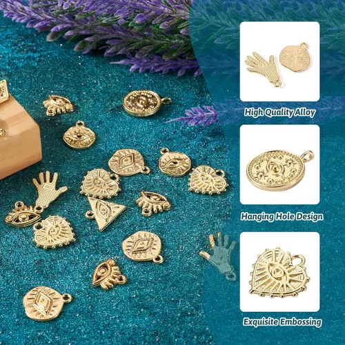 Vista 6 de Craftdady 32 dijes de aleación contra el mal de ojo, diseño geométrico dorado, rombo, triángulo, corazón, ojo a granel, para mujer, pulsera