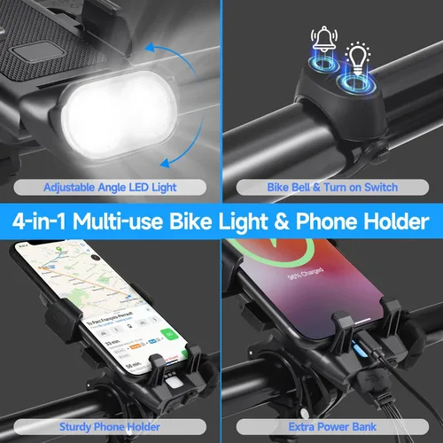 Vista 3 de USB recargable bicicleta teléfono montaje LED bicicleta faro con banco de energía 3 modos fácil de instalar impermeable ciclismo lámpara delantera