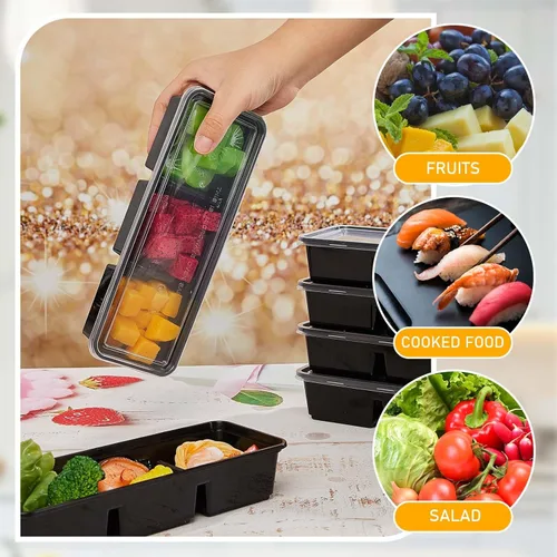Vista 3 de Hushee Paquete de 5 recipientes pequeños de 17 onzas con 3 compartimentos para aperitivos con tapa, caja Bento de plástico desechable, cajas de Negro