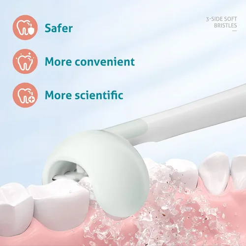 Vista 3 de RAZOKO Cepillo de dientes de 3 caras para niños, cepillo de dientes de entrenamiento de triple ángulo para cuidado bucal de niños pequeños, cerdas