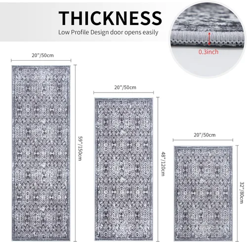 Vista 3 de Kitchen Rugs Sets of 3 Kitchen Mats for Floor 3 Piece Set Washable Non Slip Black Kitchen Runner Carpets for Laundry Room Hallway Sink