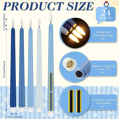 Vista 2 de Baquler 24 Piezas Velas Cónicas Sin Llama de 11'' de Navidad Azules Operadas con Batería Velas LED de Plástico con Degradado Parpadeante Candeleros