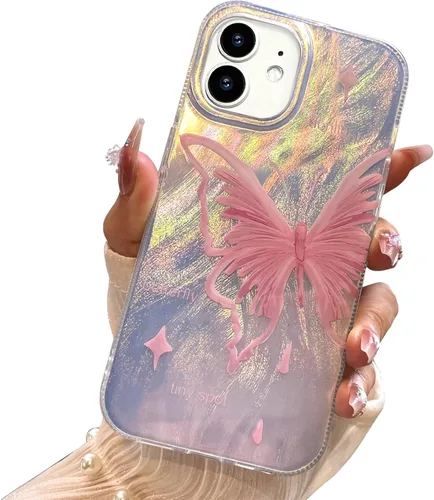 Vista 654 de I-MGAE-IN-AR - Funda diseñada para iPhone 12 y 12 Pro, diseño de mariposa plateada brillante, funda protectora de poliuretano termoplástico, suave