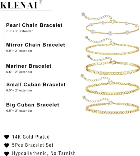 Vista 5 de Klenai Pulseras de oro para mujer, a la moda, delicadas, apilables, chapadas en oro de 14 quilates, bonita caja en capas de oro con clip de papel