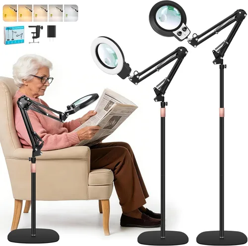 2 in 1 Floor Magnifying Glass with Light and Stand, Dual Knob Infinite Color Dimmable 12X&30X Large Lighted Magnifier Workbench lamp for Close Work,