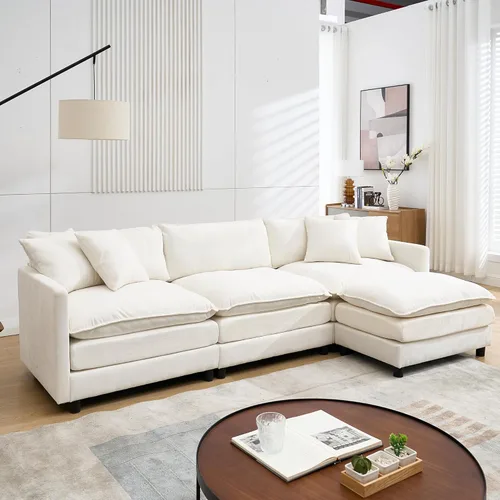 Vista 7 de Sofá modular modular de pana de 108.27 pulgadas para sala de estar con 3 asientos, 1 otomana y 3 almohadas, cómodos sofás de nube con otomana móvil