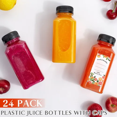 Vista 2 de 24 botellas de jugo de plástico vacías de 8 onzas con tapas Botella de bebida vacía reutilizable recipientes transparentes a granel para jugos