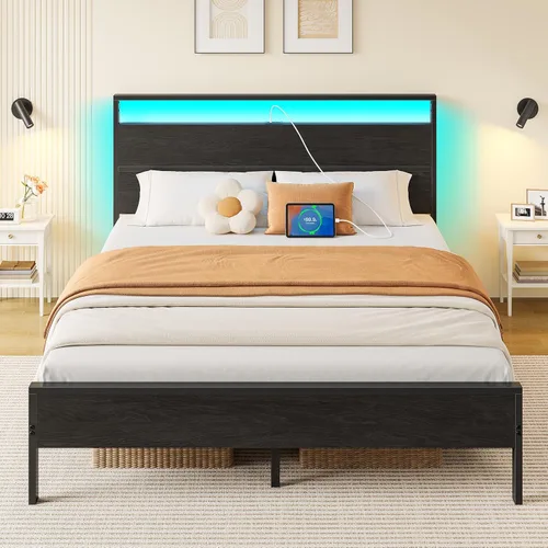Vista 22 de Rolanstar Base de cama tamaño individual con estación de carga, base de cama individual LED con cabecera de almacenamiento tapizada, cama de Negro