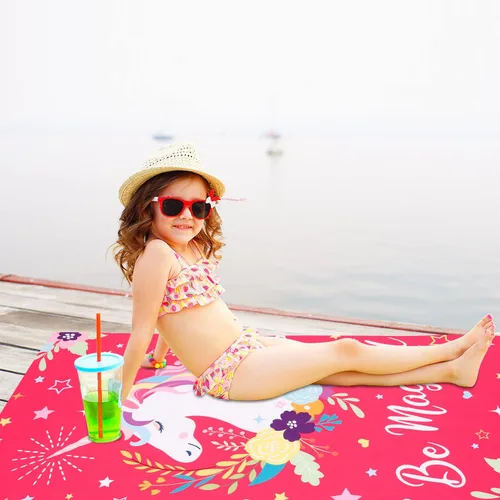 Vista 2 de LIVILAN Toalla de playa de unicornio para niñas y niños, toalla de playa arcoíris de gran tamaño, de microfibra, de secado rápido, sin arena