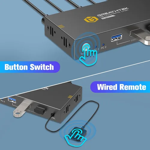 Vista 5 de Conmutadores KVM de 2 puertos 8K a 60Hz, interruptor KVM GREATHTEK HDMI Compartir dispositivos USB con 3 concentradores USB3.0, 2 computadoras, 1