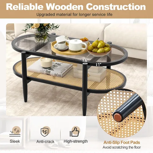 Vista 5 de Giantex Mesa de centro de ratán, mesa de té de madera ovalada de 2 niveles con mesa de vidrio templado y estante de almacenamiento de ratán de Negro