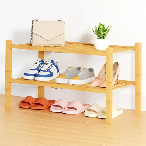 Vista 67 de Smiry Zapatero pequeño de bambú de 2 niveles, apilable, estante de almacenamiento de zapatos de madera para armario, entrada, entrada de puerta Negro