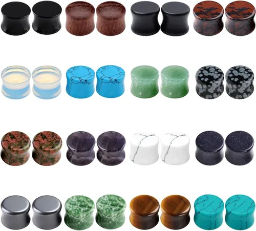 PiercingJ Tapones de piedra mixta de madera acrílica, juego de 16 pares32 piezas, túneles y medidores de oído, juego de expansor de orejas doble