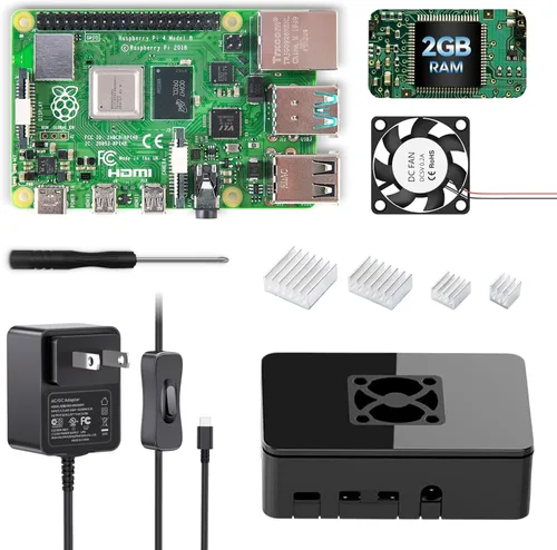 Kit básico para Raspberry Pi 4B 2GB RAM incluido PI4 Caso, fuente de alimentación 5V 3A, ventilador de refrigeración y disipador de calor