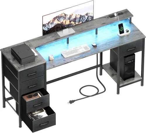 Vista 13 de Escritorio para computadora de 47 pulgadas con 5 cajones de almacenamiento de tela, escritorio para juegos con tomas de corriente y luces LED
