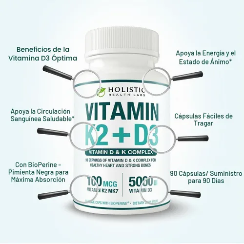 Vista 5 de Vitamina K2 + D3 de absorción máxima (5000UI), 90 cápsulas vegetales de MK-7 (Menaquinona-7) y colecalciferol (con BioPerina) Suministro de 3 meses