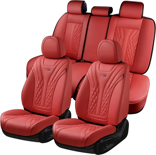 Vista 13 de Coverado - Juego completo de fundas de asiento delantero y trasero para automóvil, impermeable, piel de napa, protector, universal, para la mayoría