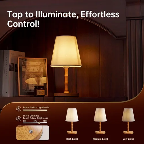 Vista 2 de Dawnwake Lámpara de mesa para mesita de noche, inalámbrica, recargable, funciona con pilas, para mesitas de noche, 3 colores regulables al tacto