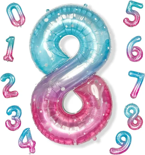 Vista 107 de Globos de Sirena Número 0 de 40 Pulgadas, Juego de Globos de Números Grandes Morado Verde Azulado Arcoíris 0-9, Globos de Números de Papel