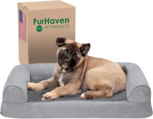 Vista 31 de Furhaven Cama para perro, de espuma viscoelástica, estilo sofá, Sherpa y chenilla, café, M
