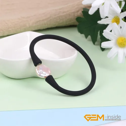 Vista 2 de GEM-Inside Big - Pulsera de joyería de perlas de 0.512 in para dama de honor, color negro, apilable, goma de silicona, elástica, perlas cultivadas