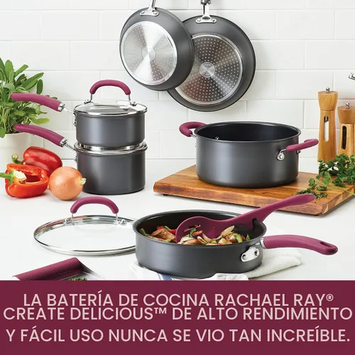 Vista 2 de Rachael Ray Create Delicious - Juego de ollas y sartenes antiadherentes anodizadas duras, 11 piezas, asas burdeos