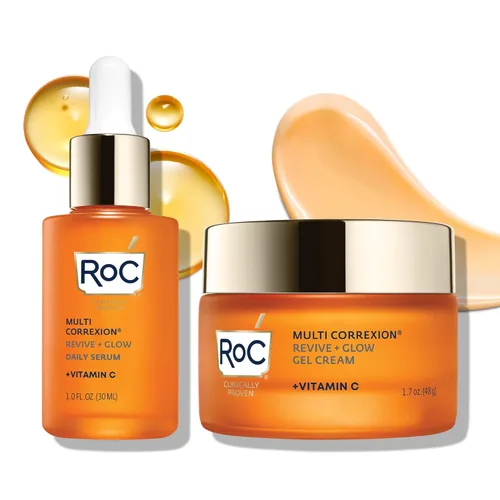 RoC Multi Correxion Revive + Glow Skin Care Régimen Bundle: suero de vitamina C para rostro + crema de vitamina C para una piel más firme y brillante