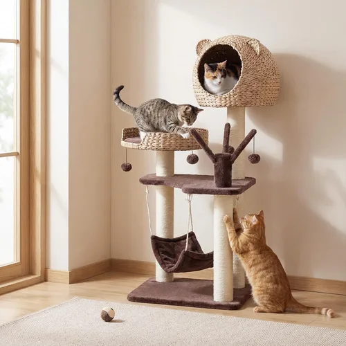 Vista 3 de Tangkula Moderna torre de árbol para gatos, centro de actividades de varios niveles con postes rascadores de sisal natural, hamaca, hecho a mano