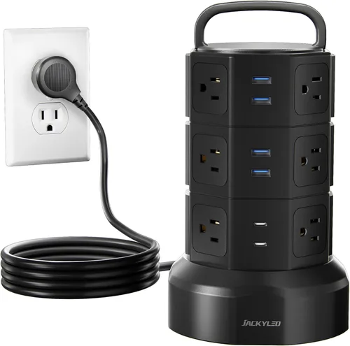 Vista 12 de JACKYLED Regleta protectora contra sobretensiones con cable de extensión de 6.5 pies, 6 puertos USB y 12 salidas de CA, estación de carga eléctrica