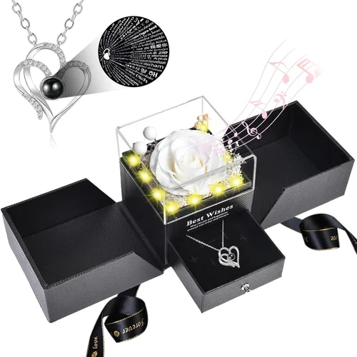 Vista 18 de Pasuvsigt Regalos de rosas para el día de San Valentín para ella, rosa real preservada con collar en 100 idiomas, luces LED y caja de música, regalo