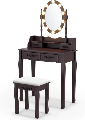 Vista 8 de CHARMAID Mesa de tocador para niñas con espejo iluminado y taburete, 10 luces LED regulables, 3 modos de iluminación de color, 4 cajones, mango