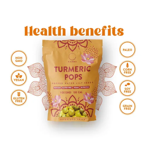 Vista 5 de Semillas de nenúfar infladas con cúrcuma Karma - 3g de proteína, sin gluten, vegano, sin OMG - Aperitivo saludable con especias de cúrcuma