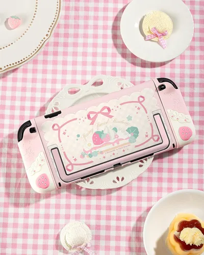 Vista 7 de GeekShare Strawberries with Cream Case Compatible with Switch 2, Slim Separable Soft Silicone Protective Shell with 2 Thumb Grip Caps - Pink