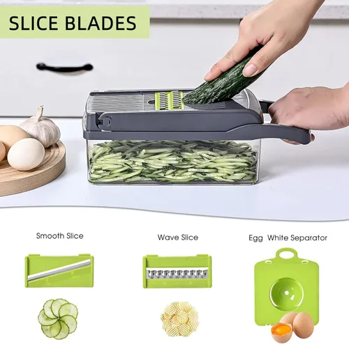 Vista 3 de Cortador de verduras 16 en 1 con picador de especias, 7 cuchillas, cortador de verduras y cebolla